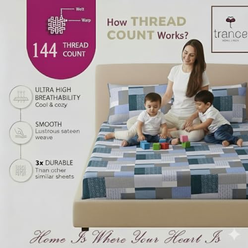 Image of Trance Home Linen 100% Cotton 144TC Elastic Fitted Bedsheet | Printed Double Size Bed Elasticated Fitted Bedspread with 2 Pillow Covers (75x72 inch, Abstract Green)