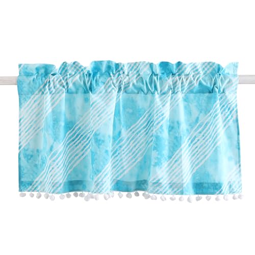 Image of Ravaiyaa - Attitude is everything Hand Printed Half Window Kitchen Curtain 100% Cotton Short Drapery Valance Curtain 40 inch X 18 inch Inch (Blue Tie Dye Stripe)