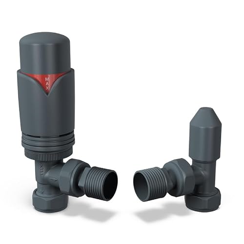 UK Radiators Anthracite Thermostatic Radiator Valve and Angled Lockshield Valve - Anthracite Matt Finish - Classy and Modern Design 1/2" x 10mm Angled Radiator Valve