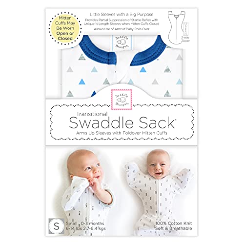 Swaddledesigns Transitional Swaddle Sack, Arms Up Half-Length Sleeves And Mitten Cuffs, Tiny Triangles, Blue, Small, 0-3Mo, 6-14 Lbs (Parents' Picks Award Winner, Easy Transition With Better Sleep) #TOP7