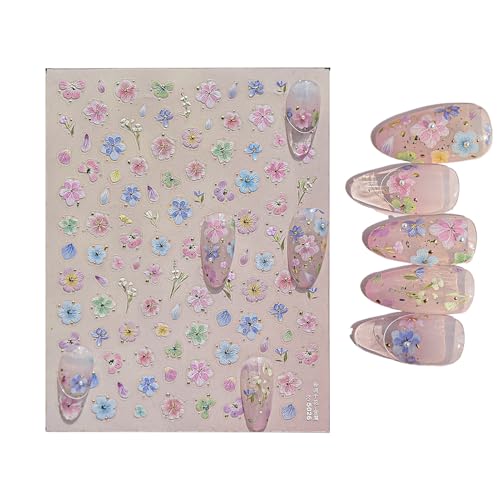 Flowers Nail Stickers, 5D Embossed Adhesive Flower Nail Stickers, Japanese Style Metal Floral Manicure Sliders, Perfect for Girlfriends and Elegant Art Designs