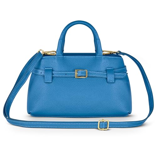 Italian Genuine Calf Leather Bag for Women with Adjustable Strap & Buckle Accent | Small Structured Crossbody Purse (Blue)