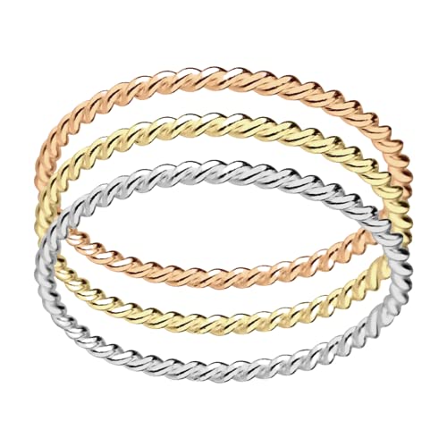 Trio of Braided Rope Stacking Rings | Set of 3 Mixed Metal 1mm Thin Stacking Twist Rings | Silver Gold & Rose Gold | Comfort Fit Sizes 3-12 (6)