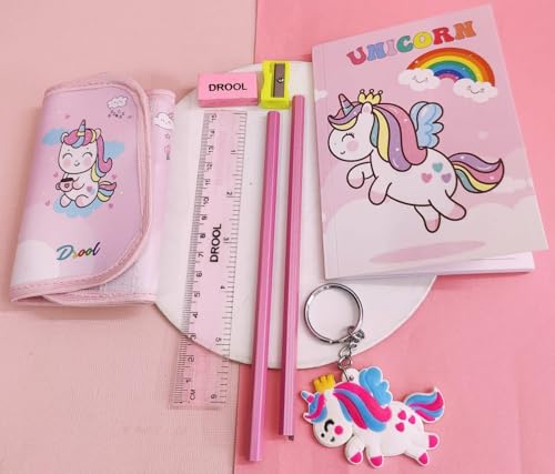 TERA 13 Unicorn Backpack for Girls (Pack of 7 Items) - Pink Stationery Set Kit With Carry Bag, Diary, Pen, Pencil Combo - Polyester - Image 3
