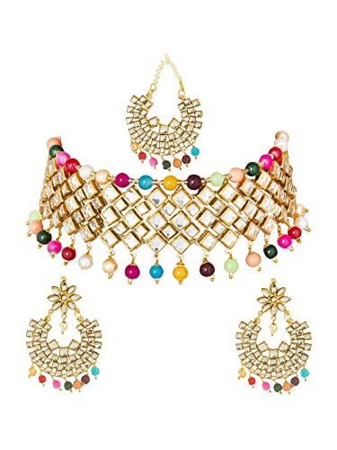 Bodha Gold Plated Kundan Pearl Choker Bridal Necklace Combo Jewellery