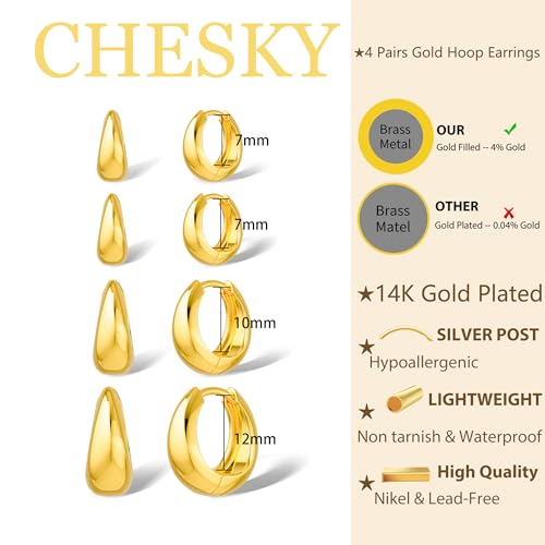 CHESKY 4 Pairs Small Gold Huggie Hoop Earrings for Women - Chunky 14K Gold Plated/Silver Lightweight Hypoallergenic Earring Stacks Cartilage Hoop Earrings Set for Multiple Piercing Trendy Jewelry4