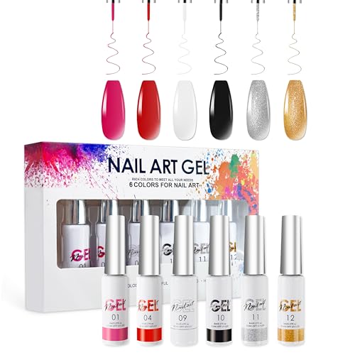 AIJIMEI Pintauñas Gel Liner,8ml Gel Liner Nails Art Set -6 Colores Esmaltes Semipermanentes de Uñas en Gel UV LED,Gel Nail Art Polish,para Dibujar Líneas y Diseños Artísticos,Nail Art