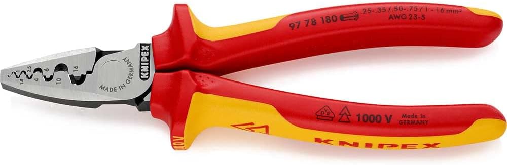 Knipex Crimping Pliers for wire ferrules insulated with multi-component grips, VDE-tested 180 mm (self-service card/blister) 97 78 180 SB