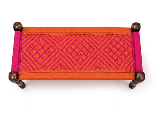 Image of Handwoven Wooden Bench | Traditional Rope Charpai Stool | Solid Wood Frame Seating for Living Room, Balcony & Outdoor | Durable & Stylish Design (Orange & Pick Finish)