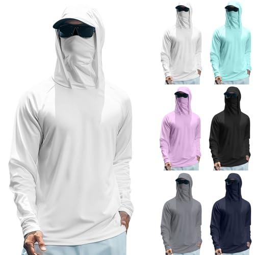 Mens Long Sleeve Sun Protection Shirts UPF 50 Hoodie with Mask