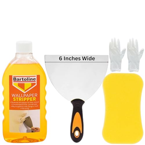 Wallpaper Remover Kit - Bundle with 500ml Bartoline Wallpaper Stripper 6-Inch Wide Scraper Large Sponge and Gloves for Fast and Efficient Wallpaper Removal