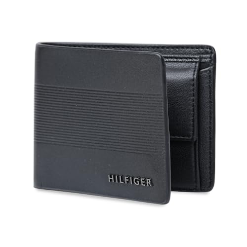 Image of Tommy Hilfiger Men's Leather Wallet Napier | Solid Black Bi-Fold with Global Coin Pocket, 4 Card Slots | Stylish Purse for Gents