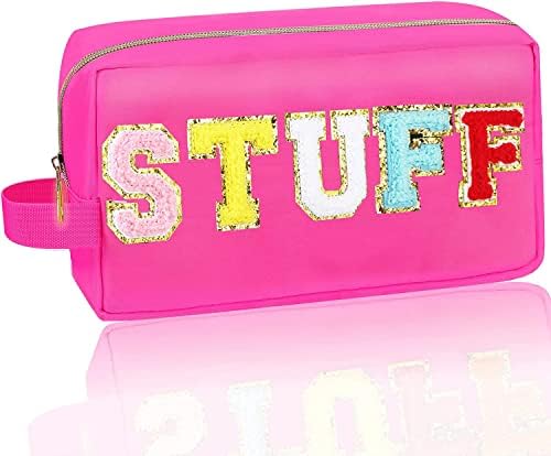 Xdalula Preppy Patch Makeup Bag Chenille Letter Makeup Bag - Skin Care Travel Toiletry Bags for Teen Girls, Portable Waterproof Travel Toiletry Organizer, Cute Aesthetic Trendy Clutch Stuff Gifts