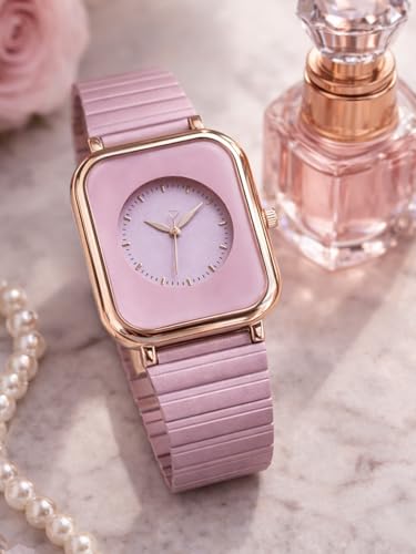Image of Premium Rose Gold Square Analog Watch for Women & Girls | Stylish Stainless Steel Strap | Elegant Heart Second Hand | Trendy Ladies Wrist Watch under 500 | Square Case Design | Perfect for Casual | Affordable Fashion Watch for Girls