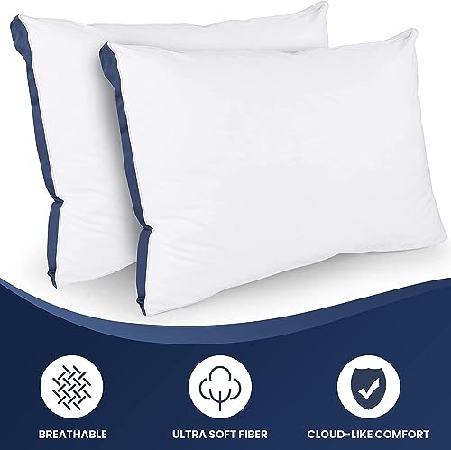 Image of Microfiber Pillow | Gusset Pillow for Sleeping | Luxury Hotel Quality Pillows | with White Micro Peach Fabric & Navy Blue Patti | Size 17 X 27 inches | Set of 2 Peice