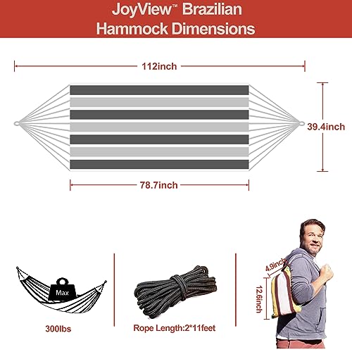 Image of JoyView Brazilian Hammock for Single Preson Portable Hammock with Hanging Ropes & Carry Bag Large 78.8x39.4 inch for Patio 300LBS Capacity Perfect for Outdoor /Indoor - Grey Stripe