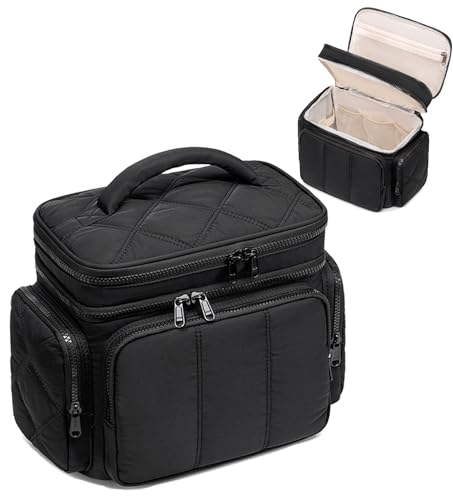 LEDAOU Toiletry Bag for Women,Quilted Travel Makeup Bag Organizer with Double Deck, Large Wide-open Cosmetic Make up Bag for Travel Essentials (Black Puffy)