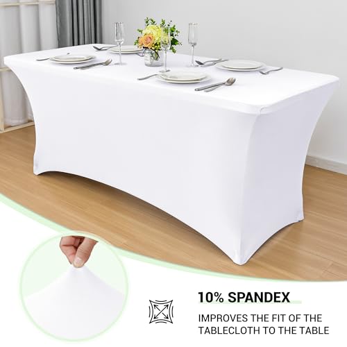 Image of Obstal Spandex Table Cover 6ft Fitted Tablecloth Rectangular - Stretch Rectangle Folding Table Cloth for Birthday Party Wedding Banquet, White, 72L x 30W Inch