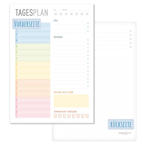 paper&you® A5 Tagesplaner Block 'Rainbow' 50 Blatt - Daily Planner mit To-do-Liste, Zeitplan, Prios, Tages-Highligt und mehr - nachhaltig & klimafreundlich