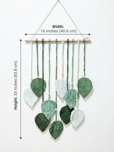 Image of JH Gallery Handmade Macrame Leaf Wall Hanging - Boho Cotton Tapestry with Wooden Beads for Elegant Bedroom, Living Room & Balcony Decor(Green and White)