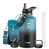 Trebo Borraccia Termica, Borraccia con Cannuccia Borraccia acciaio inox fredda per 48 ore Borraccia Termica Bottiglia in Metallo con Manico in Paracord, 1893 ml, Indigo/Nero