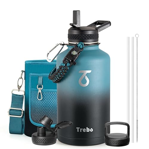 Trebo Insulated Water Bottle 2 L with Paracord Handle Wide Mouth Double Wall Stainless Steel Keep Cold 48 Hours Water Bottle with 3 Lids, Indigo Crush