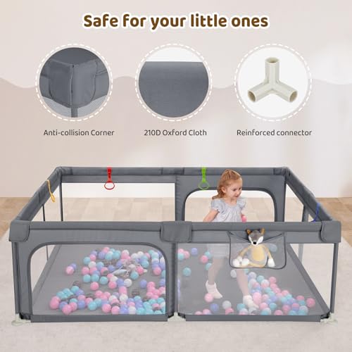 Image of Dripex Baby Playpen, 71 inchx59 inch Large Play Pen for Babies, Light Grey | Included Portable Bag / Pull up Rings, Breathable Visible Mesh, Anti-Fall Design, Easy Setup, Indoor /Outdoor Use