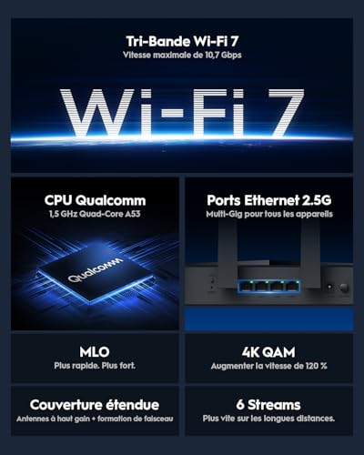 Image of Cudy Tri-Band WiFi 7 BE11000 Router, 6-Stream 10 Gbps, 4 x 2.5G Ports, Up to 11000Mbps, VPN Server and Client, Cudy APP and Mesh, 6 x High-gain Antennas, WR11000