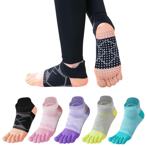 ETARLOS 五本指ソックス レディース 滑り止め靴下 5本指 くるぶし丈 女性 スポーツ用 ヨガ ピラティス ランニング バレエ ダンス ショート丈 綿 通気性 吸湿性 5足セット 22-25cm