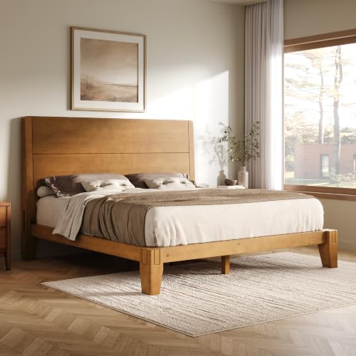Image of AMERLIFE Solid Wood Queen Bed Frame with Headboard, Japanese Joinery, Brown
