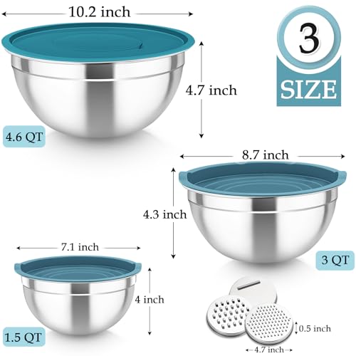 TeamFar Mixing Bowls, Stainless Steel Nesting Salad Bowls with Lids Set of 3 & 3 Grater Attachments, For Mixing/Serving/Storing, Non-toxic & Long-lasting, Size 4.6/3 / 1.5 QT, Navy Blue
