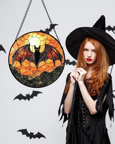 Image of Stained Glass Window Hanging, Black Bat Sun Catcher for Door Home Decor Animal Suncatcher Christmas Mother's Day Birthday Gifts for Women Men Mom and Nana 6.3 in