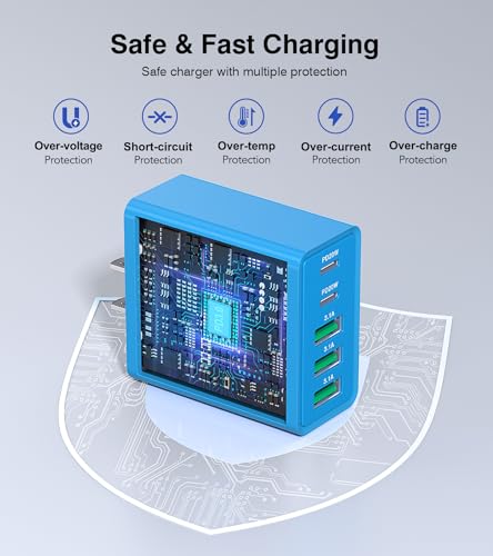 Image of [2-Pack] USB C Wall Charger, 50W USB C Charger Block 5-Port PD Fast Charging Blocks,2USB C+3USB A Multiport Plug,Type C Power Adapter Brick Cube for iPhone17 /16 /15 /14 /Pro,iPad,Samsung,for Switch（Blue）