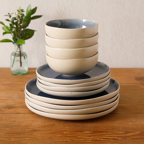 Image of Gibson Elite Manila Bay 12-Piece Stoneware Dinnerware Set, Service for 4, Reactive Glaze Modern Artisan Plates, Bowls & Mugs, Blue, Round Design