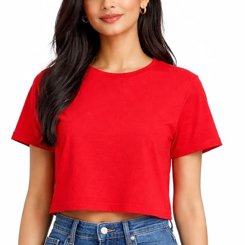 Image of Hangout Hub Women Crop Top T-Shirts | Round Neck Plain Solid Tshirts | Double Weaved | Shrink Free Tees | Casual T-Shirt for Woman Ladies Girls(Cotton|Pack of 3)