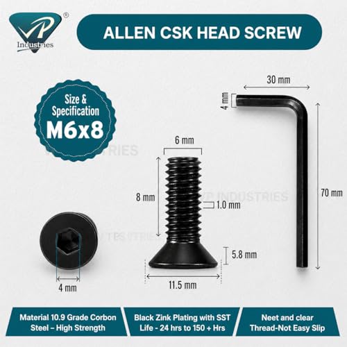 Image of By inchVP INDUSTRIES inch (Pcs-25) M6x8 mm Allen CSK Head Screw Black Zinc Plated High Tensile | Countersunk Screw for Modular Furniture, Wooden Work, Electrical Fittings, DIY & Industrial Use
