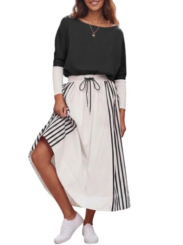 Fisoew Womens Casual Dresses Long Sleeve Oversized Sweatshirt Patchwork Drawstring Waist Color Block Loose A Line Maxi Dress Black