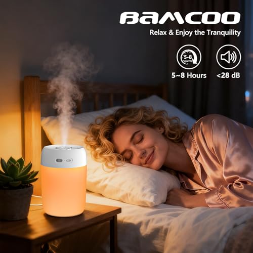 BAMCOO Portable Mini Humidifier, 650ml, Colorful LED Light & Warm Light, Cool Mist, USB, Personal Mini Humidifier for Desktop, Bedroom, Office, Home, Travel, Plants (White) by BAMCOO - Image 3