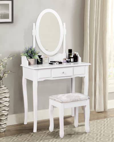 AWQM Makeup Vanity Table Set, White Makeup Dressing Table with Rotatable Oval Mirror and Soft Cushioned Stool,Modern Makeup Vanities Vanity Desk for Bedroom,Girls,Woman,White AWQM Makeup Vanity Table Set, White Makeup Dressing Table with Rotatable Oval Mirror and Soft Cushioned Stool,Modern Makeup Vanities Vanity Desk for Bedroom,Girls,Woman,White
