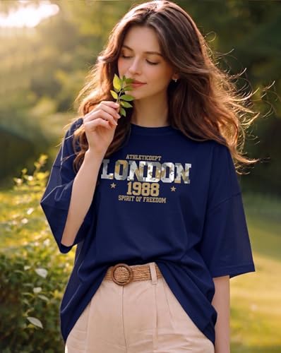 Image of Women's Typography Round Neck Cotton-Blend T-Shirts, Oversized Drop Shoulder Boho Style T-Shirt