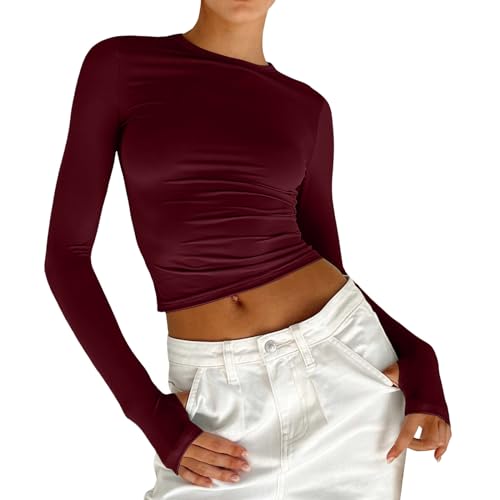 DeaAmyGline Damen Y2K Crop Tops Skims Basic Langarmshirt Eng T Shirt Langarm Slim Fit Bauchfreies Oberteile Sexy Cropped Pullover Rundhals Bluse...