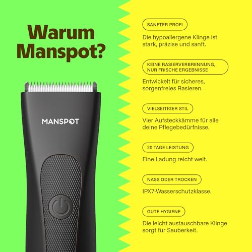 MANSPOT Intimrasierer Mann, Körperhaartrimmer für Herren, Professioneller Body Trimmer Wasserdicht mit 4 Scherkämmen – Für Trimmen von Brust, Beinen, Achseln & Intimbereich – Nass & Trocken
