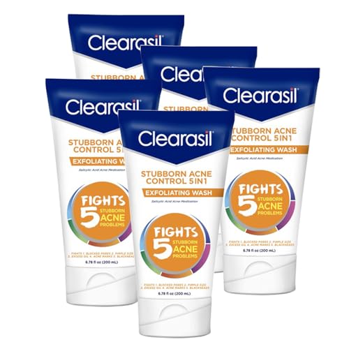 Clearasil Stubborn Acne Control 5in1 Exfoliating Wash 6.78 fl. oz. Reduces Blocked Pores Pimple S (Pack of 5) 6.78 Fl Oz (Pack of 5)