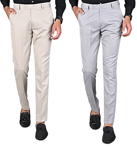 Image of Slim Fit 2 Formal Trousers Combo for Men - Polyester Viscose Formal Pants for Gents - Office Formal Pants for Men