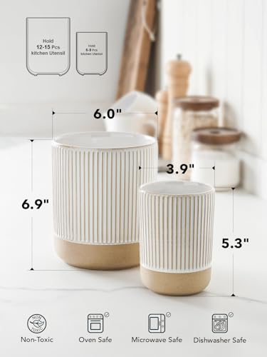 LE-TAUCI-Ceramic-Kitchen-Utensil-Holder-Set-of-2-6953-Large-Cooking-Utensil-Crock-Organizer-for-Spatula-Spoon-Whisk-Farmhouse-Countertop-Storage-Cream-Beige-Line