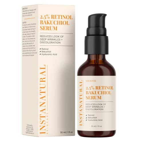 InstaNatural 2.5% Retinol Bakuchiol Face Serum, Minimizes Lines, Wrinkles, Discoloration and Signs of Aging, with Hyaluronic Acid and Squalane, 1 Fl Oz