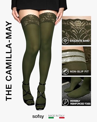 Image of sofsy 100% OEKO-TEX Certified - Italian Women's Opaque Thigh High Stockings | Ultra Soft Dual Silicone Lace Top Stay Ups