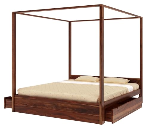 Image of WOODLAB Furniture Sheesham Wood King Size Poster Bed with 2 Side Pullout Drawer Storage | Wooden Double Size Cot Palang for Bedroom Living Room Home and Hotel (Natural Finish)