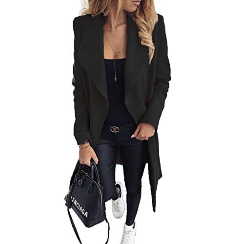 OTW Women's Fashion Wool Blend Overcoat Open Front Slim Fit Long Trench Coat Black M