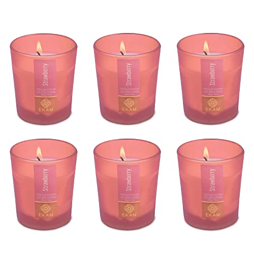 Image of EKAM Strawberry Votive Soy Wax Scented Candle, 40 Grams, 10 Hours Burn Time| Long Lasting Premium Candles | Ideal for Home Decor | Gifting & Aromatherapy (Pack of 6)